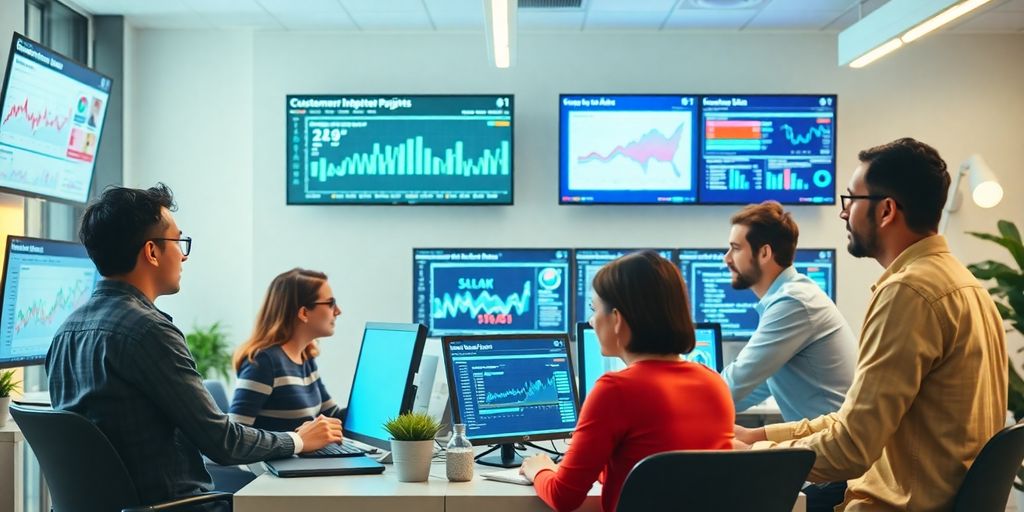 Diverse team analyzing enriched customer data in modern workspace.