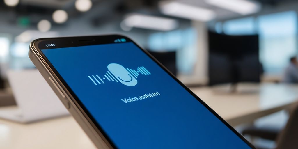 Smartphone with voice assistant and sound waves in office.