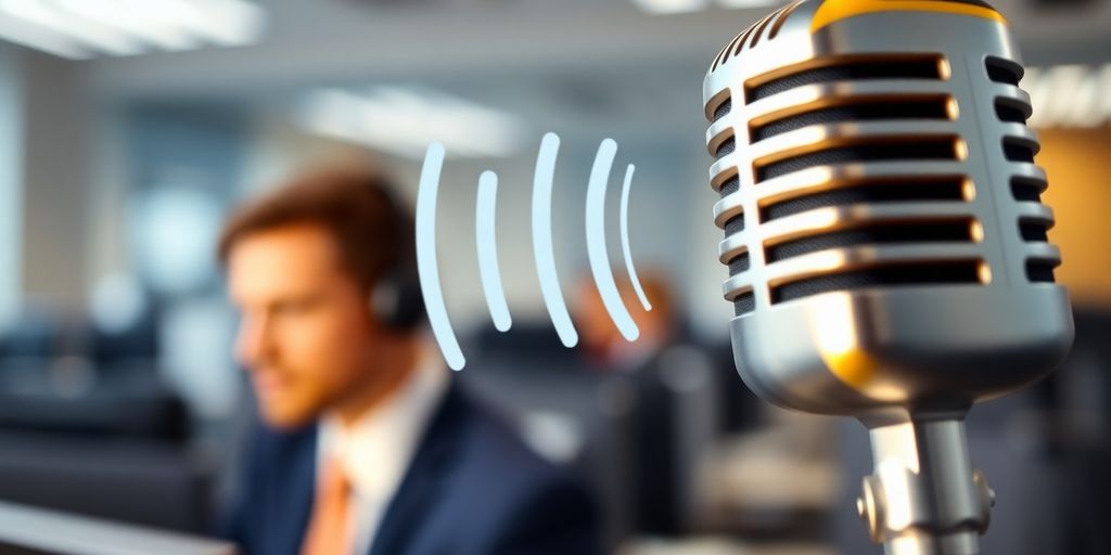 Microphone with sound waves in a call center setting.