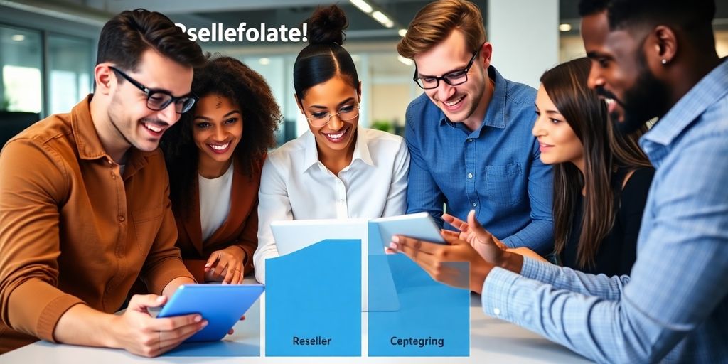 Diverse team collaborating on technology for business growth.