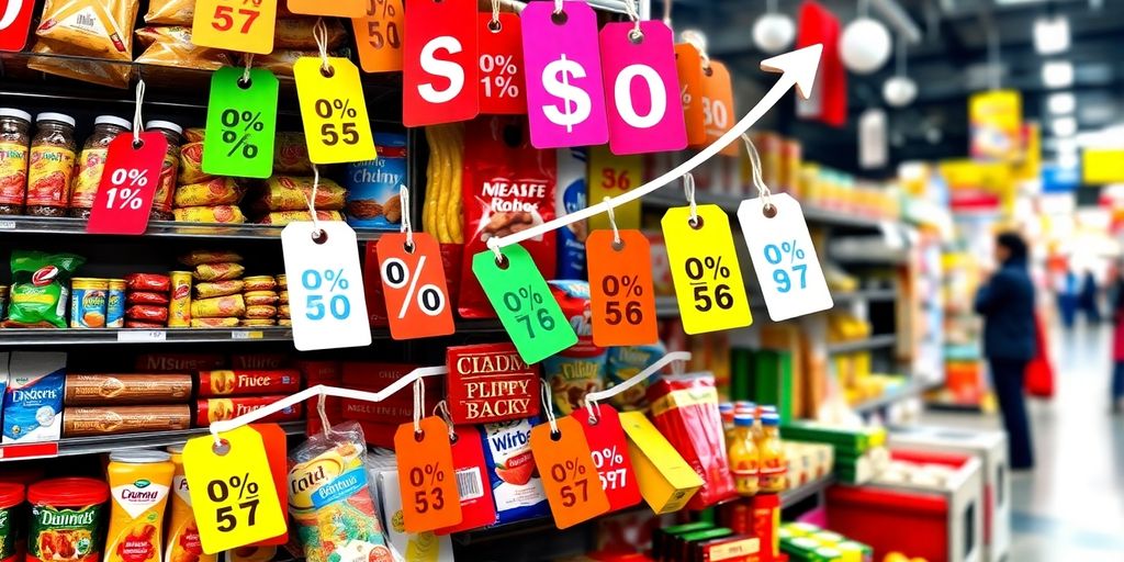 Colorful discount tags and tiered shelves of products.