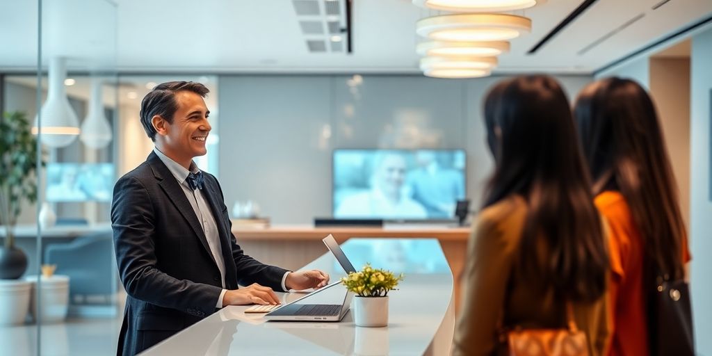 AI receptionist in a modern office environment.