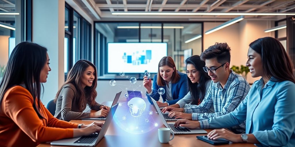 Diverse team collaborating on innovative AI solutions in office.