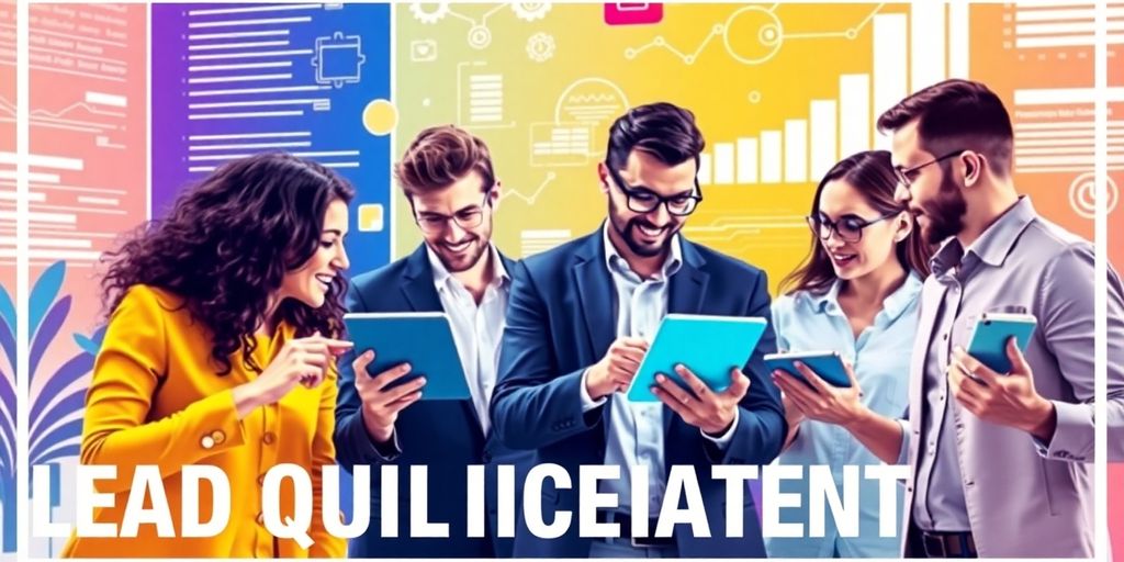 Professionals discussing lead qualification with digital devices.