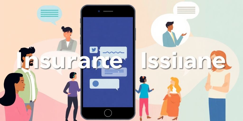 Smartphone with messaging icons and people interacting.