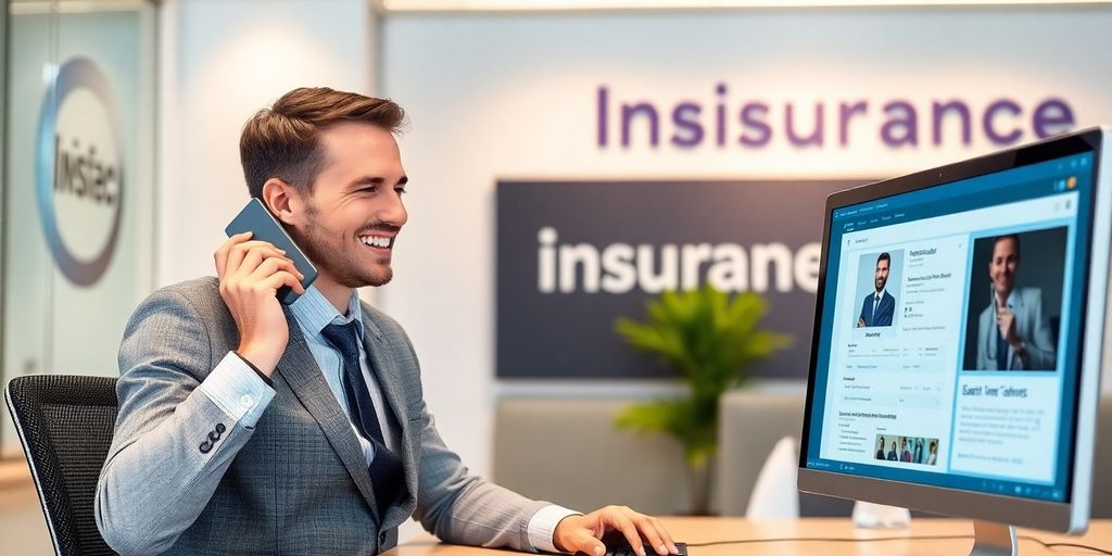 Insurance agent on the phone in a modern office.