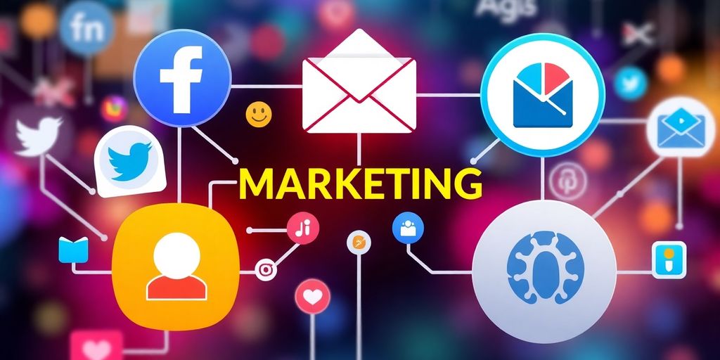 Colorful icons of digital marketing channels and automation technologies.
