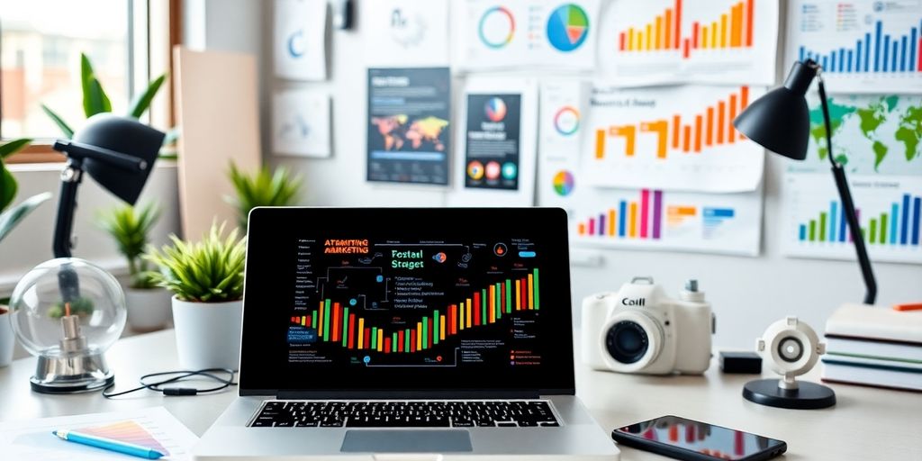 Modern workspace with digital devices and colorful charts.