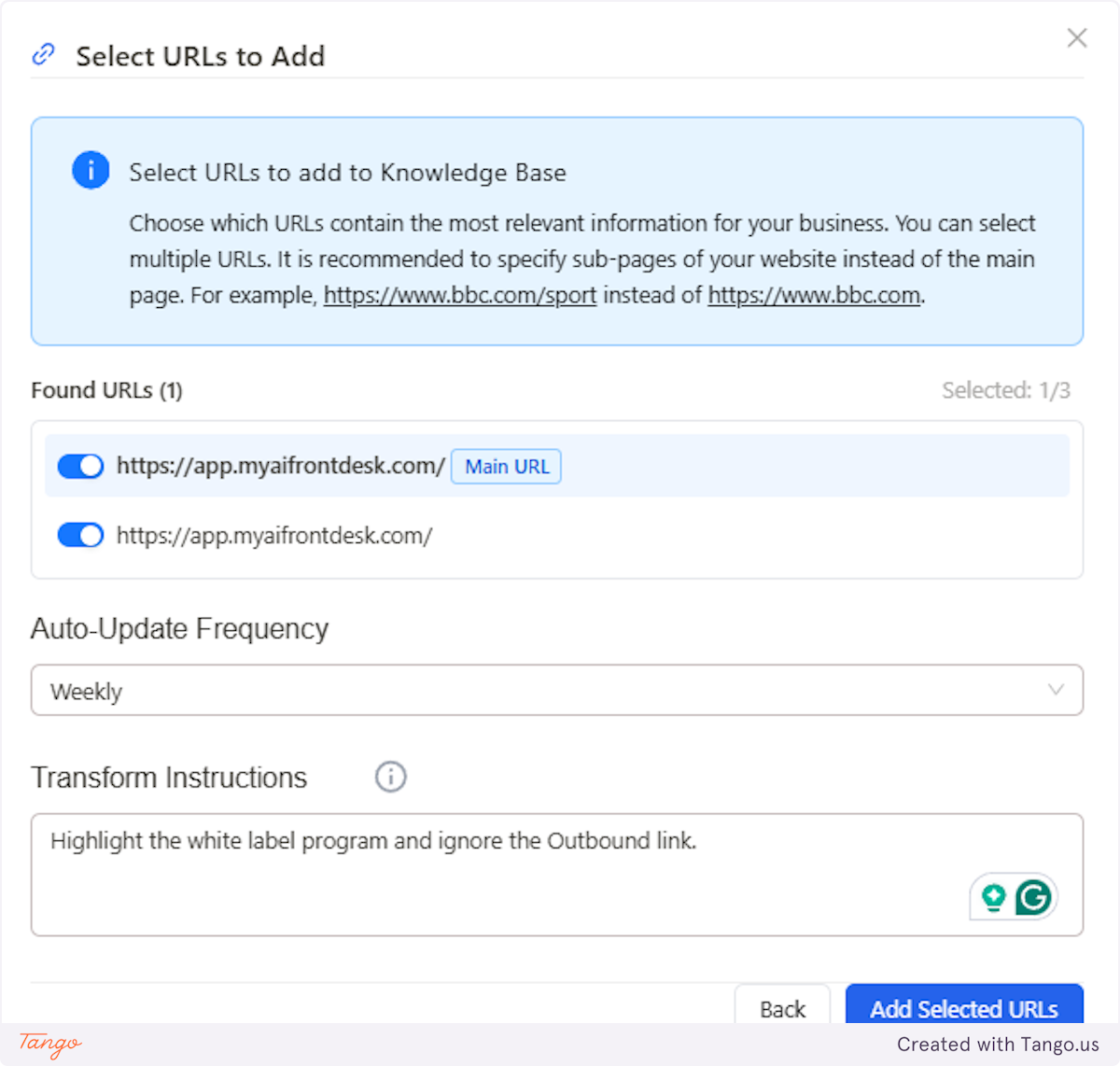 Selecting the URLs to add, updating the Frequency, and instructing AI what links to ignore and highlight