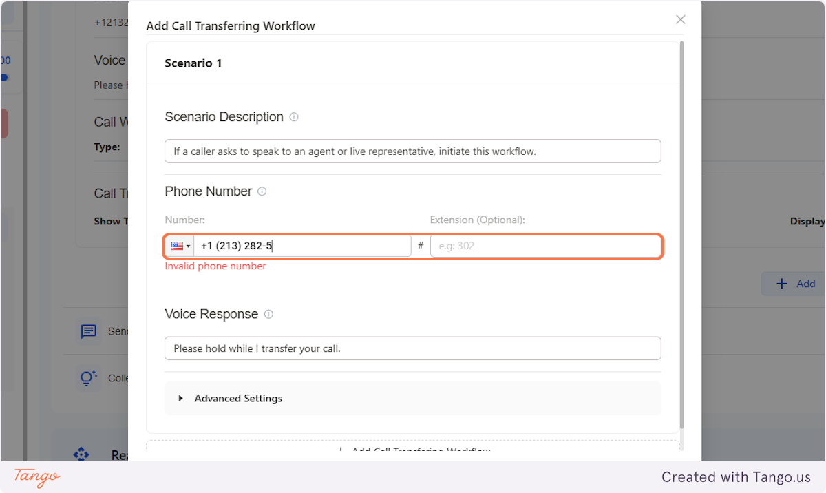 Insert the phone number for the call transfer