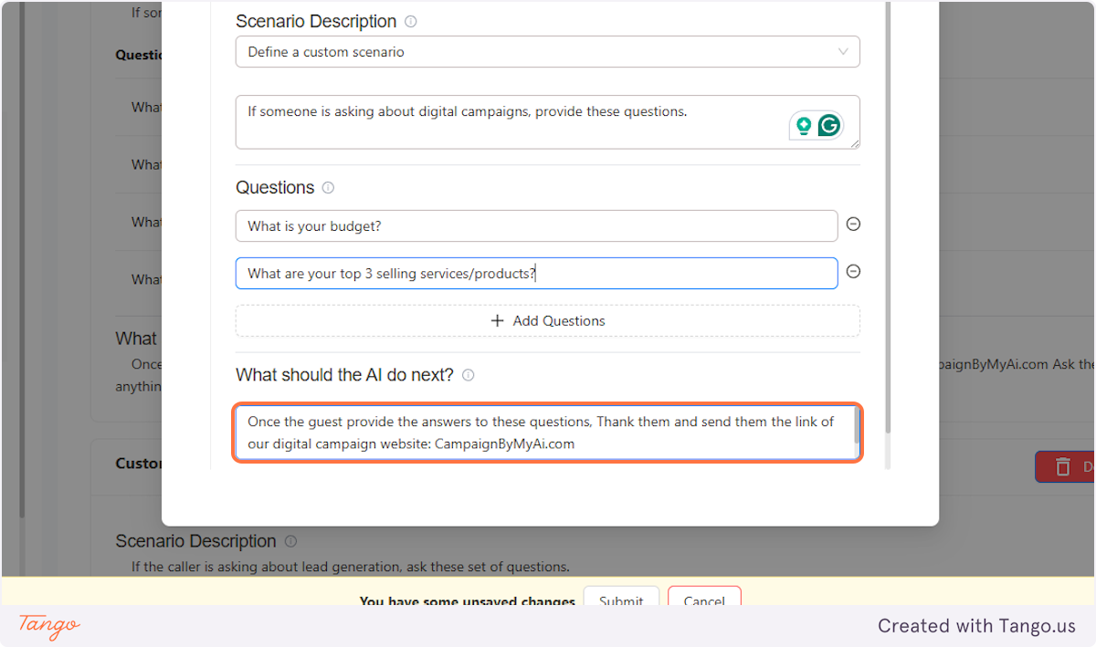 Add instructions for AI to let it know what it should do next.
