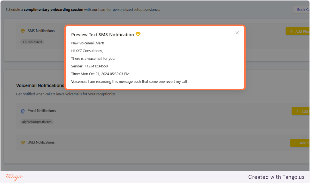 Voicemail Notifications | Click on Preview Text SMS Notification to check the SMS notification
