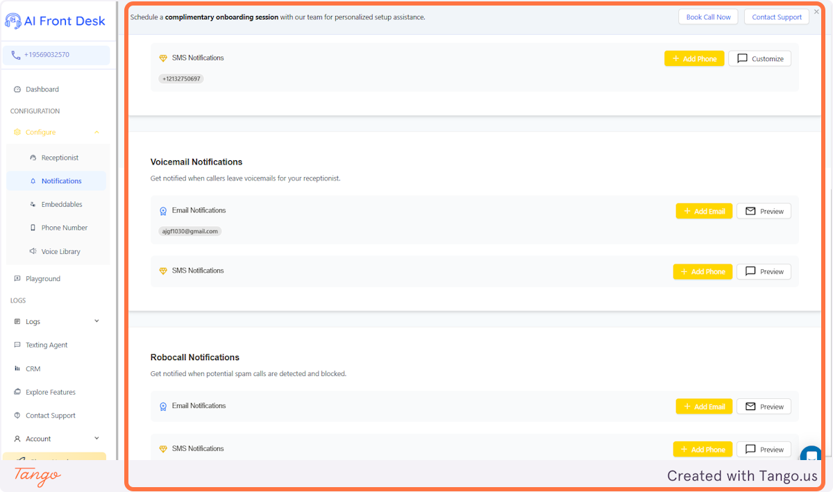 Voicemail Notifications | Adding number and text