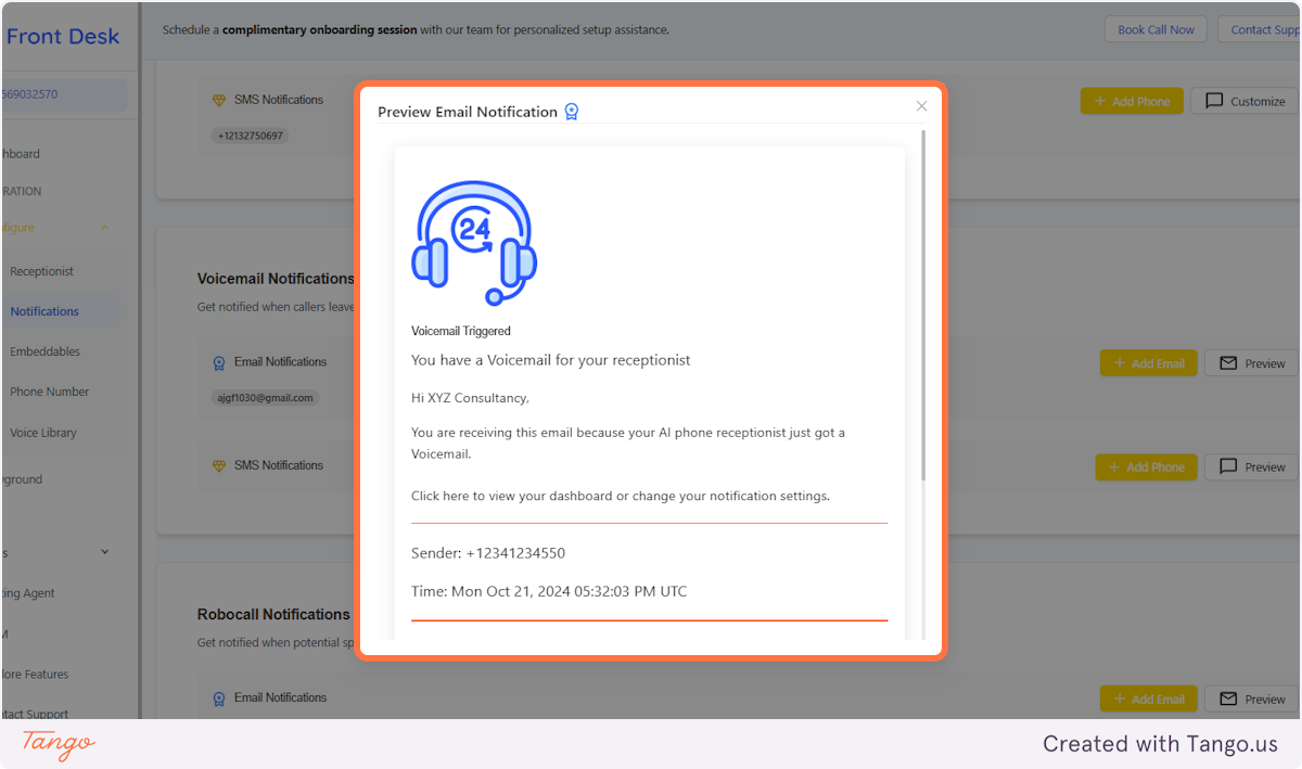 Voicemail Notifications | Click on Preview Email Notification to check the Email Notification