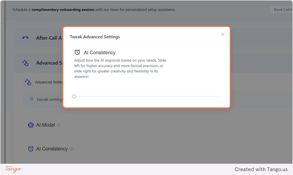 This will allow you to adjust how 'personalized and creative' you'd want your AI's responses to be. The scale runs from 1 to 10 and this is preset at 1, based on our most recommended setting - allowing AI to have the balance of sounding natural but factual.