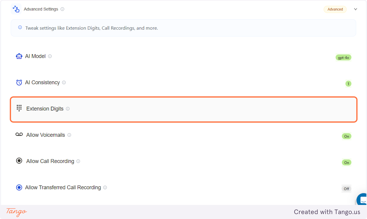 Click on Extension Digits