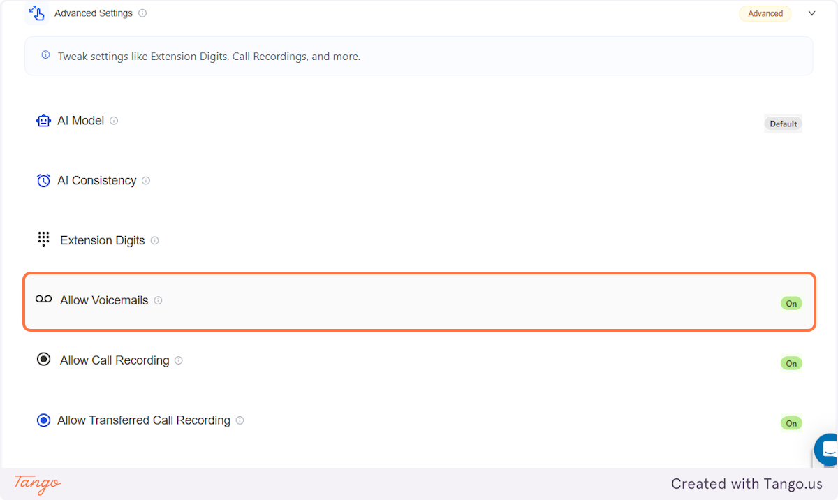 Scroll down to Allow Voicemails