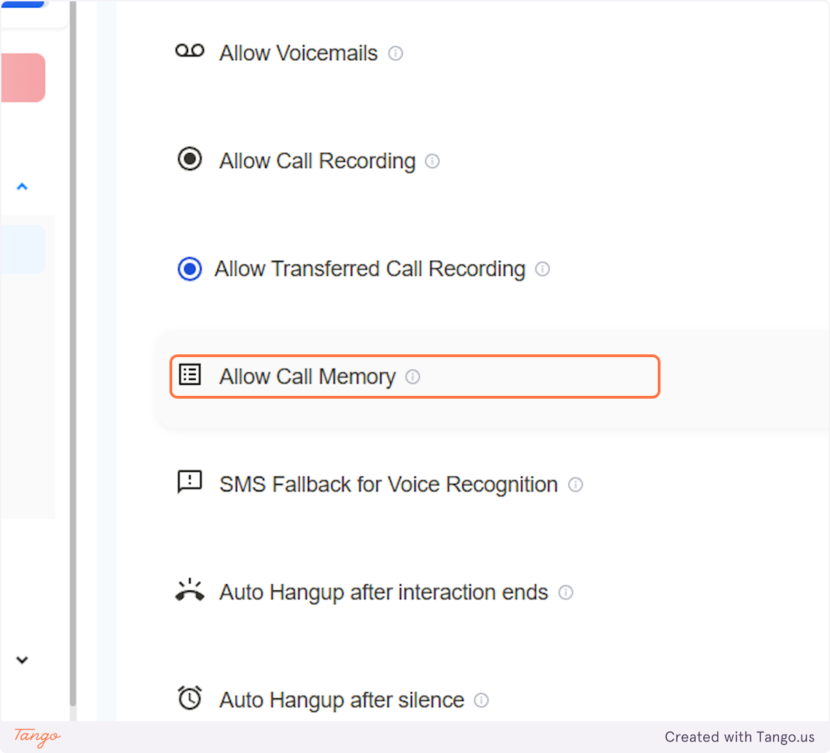 Scroll down until you see "Allow Call Memory"