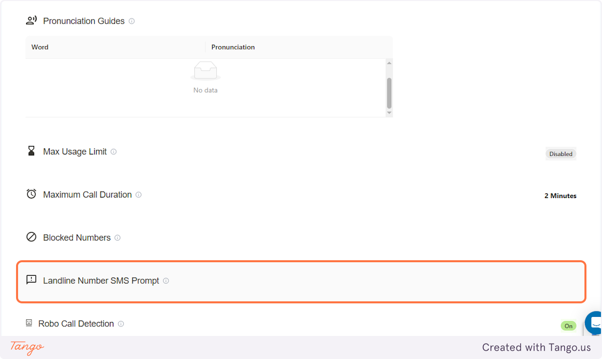 Click on Landline Number SMS Prompt