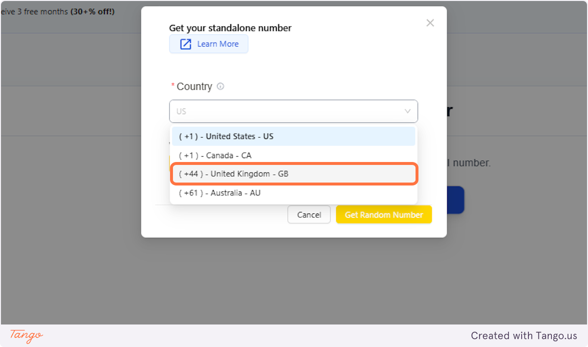 Click on ( +44 ) - United Kingdom - GB