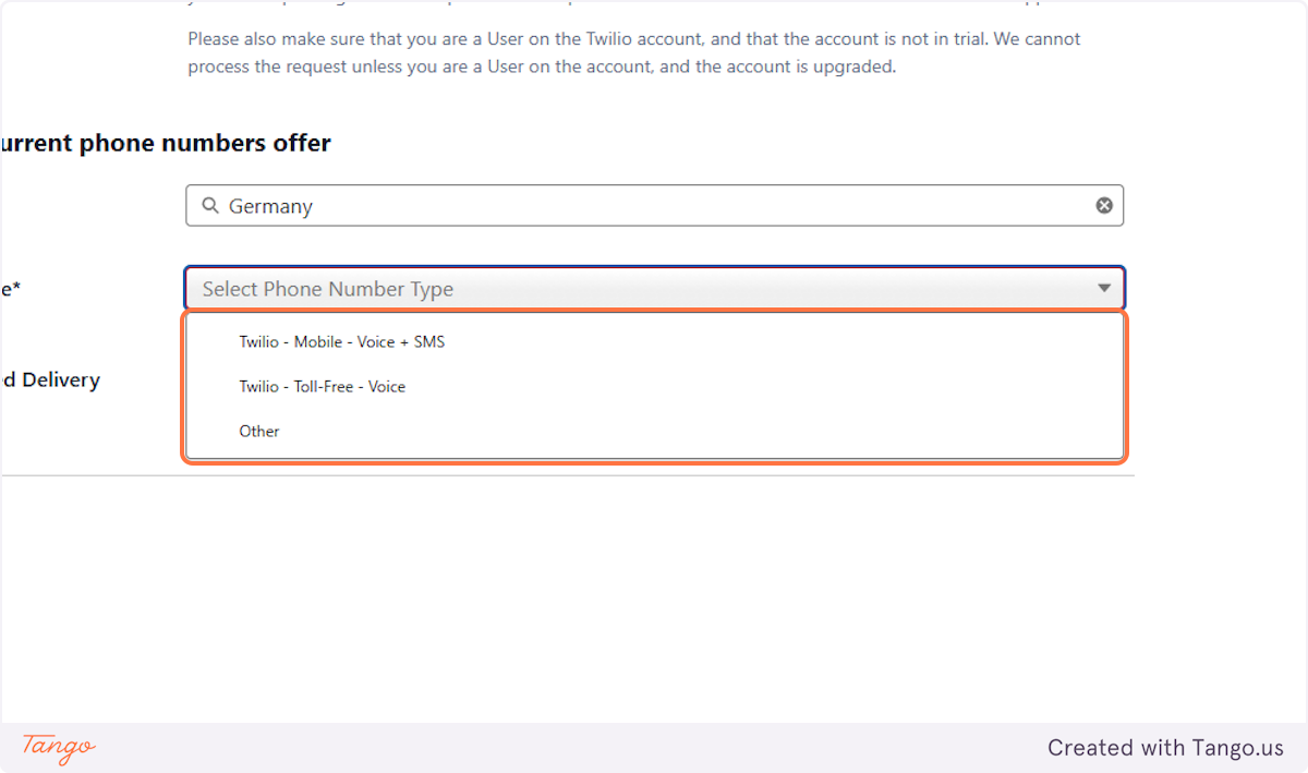 Select the Phone number Type