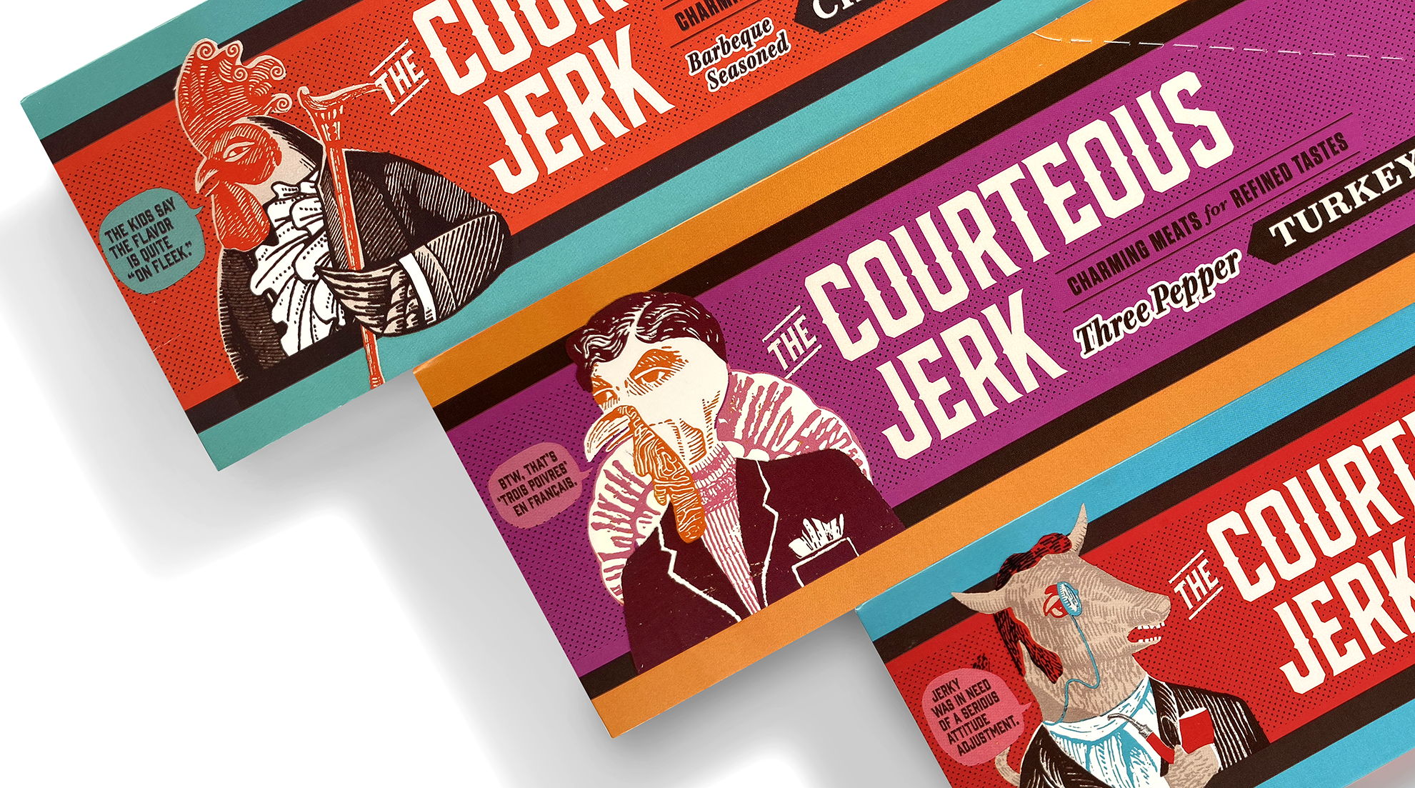 Another view of three Courteous Jerk sticks showing off the animal mascots in fancy clothes and accessories.