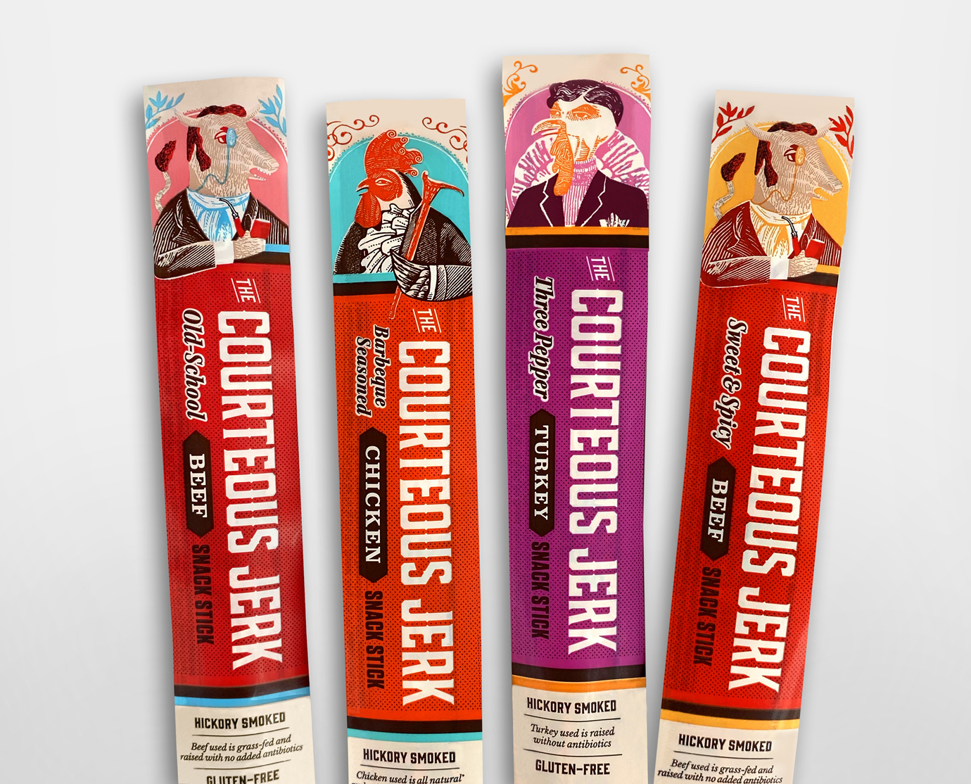 Lineup of four Courteous Jerk sticks in different flavors.