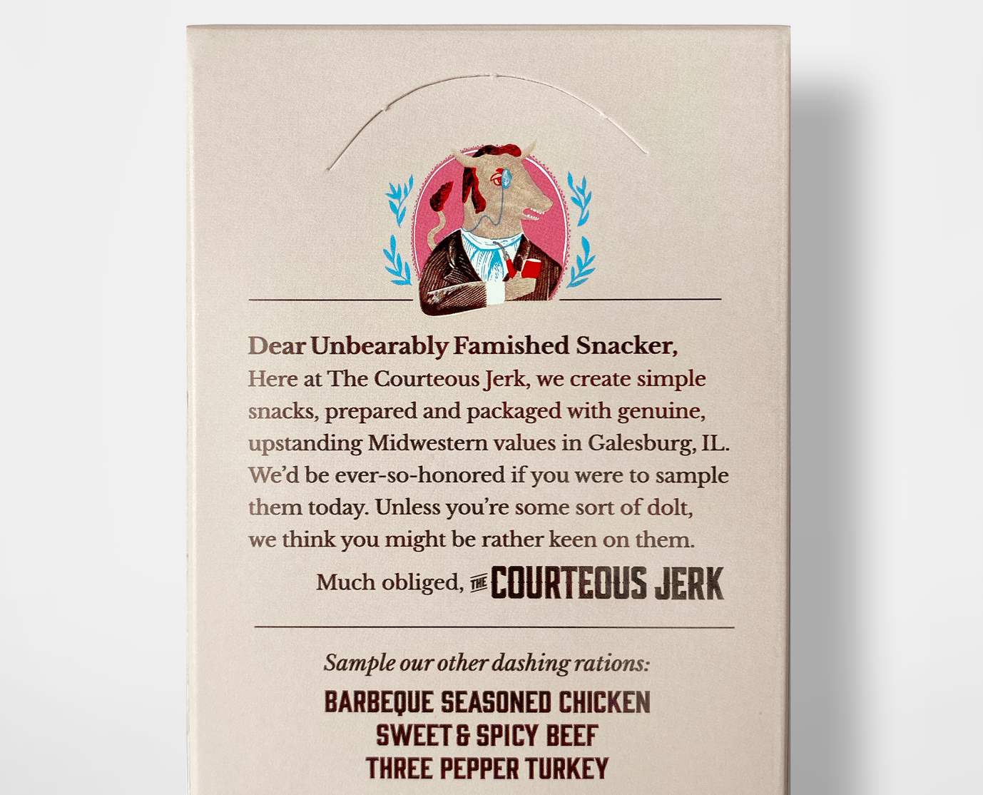 Side of Courteous Jerk stick showing a letter from the mascot to the consumer and listing the other available flavors.