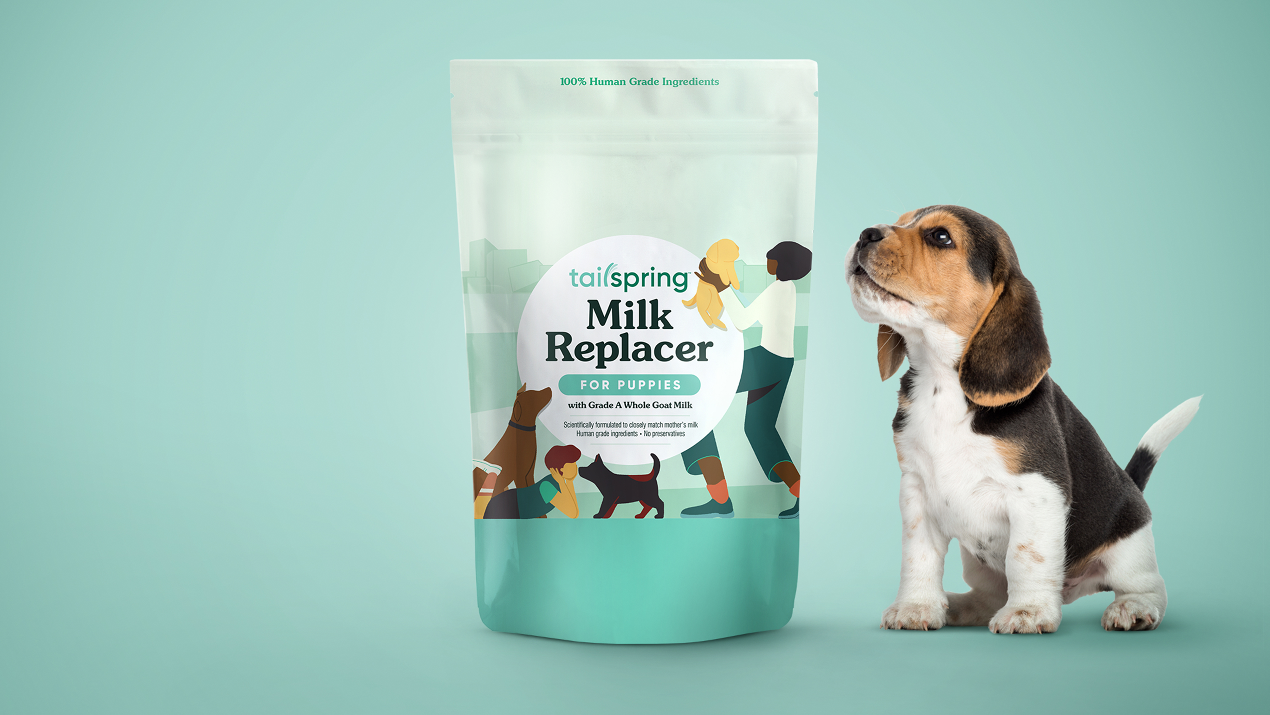 Package of Tailspring Milk Replacer for Puppies with a brown and white puppy next to it against a light blue background.