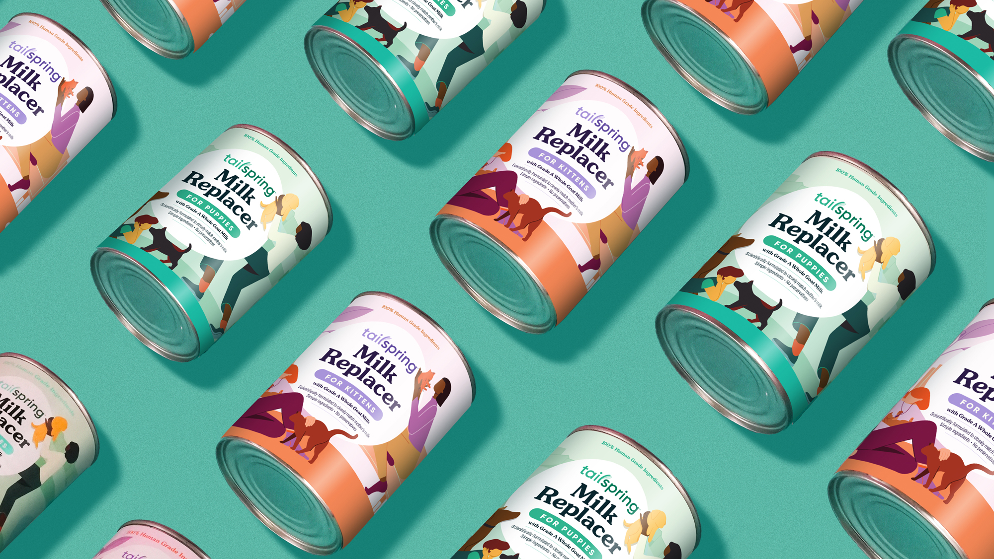 Cans of Tailspring Milk Replacer for Kittens and Puppies on their sides against a blue background.