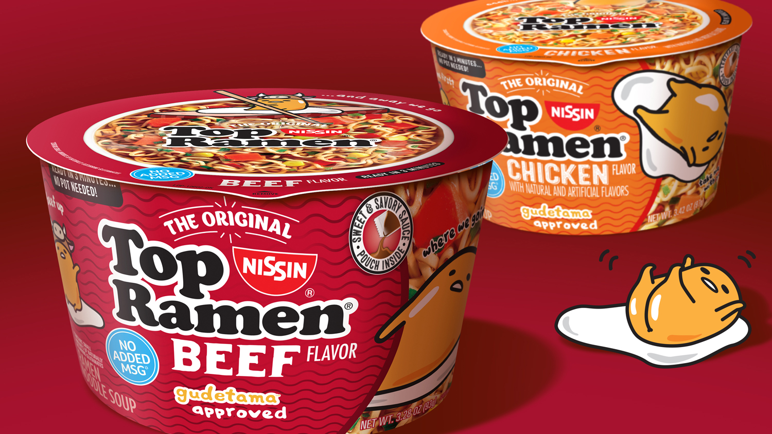 Two Top Ramen Gudetama Bowls in different flavors. Next to them is Gudetama lying on an egg with legs in the air.