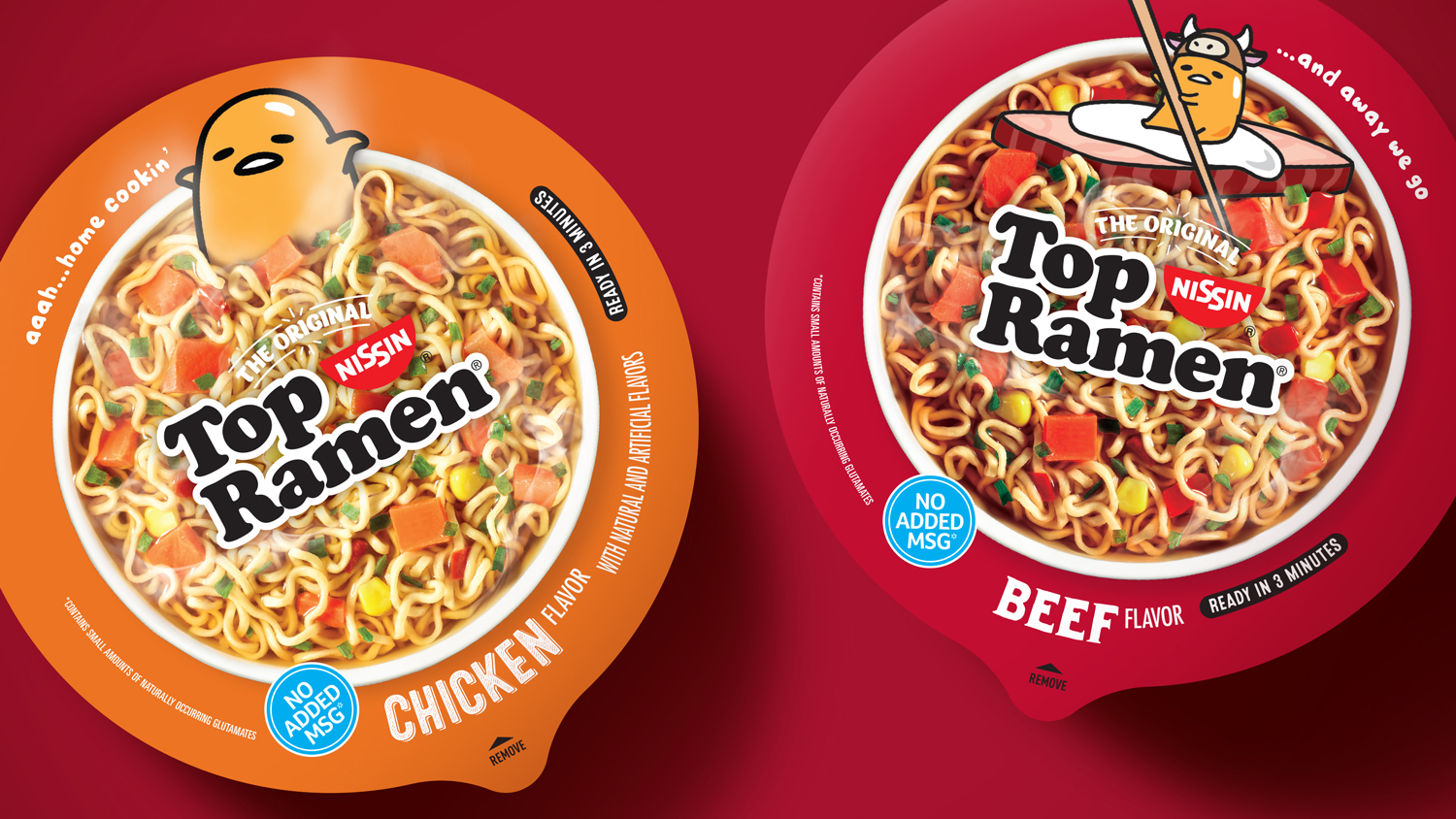 Two Top Ramen Gudetama Bowls in Chicken and Beef flavors on a red background.