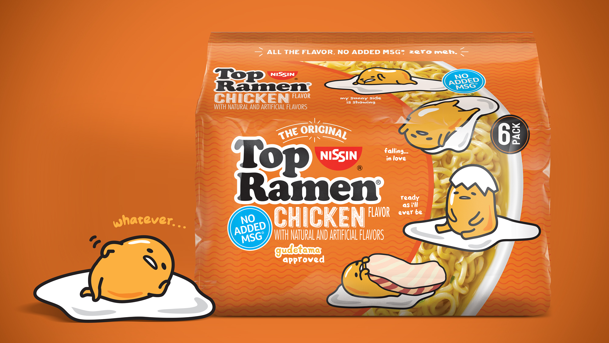A multipack of Top Ramen Chicken Gudetama ramen. To the left is Gudetama lying on his side on an egg saying, “whatever.”