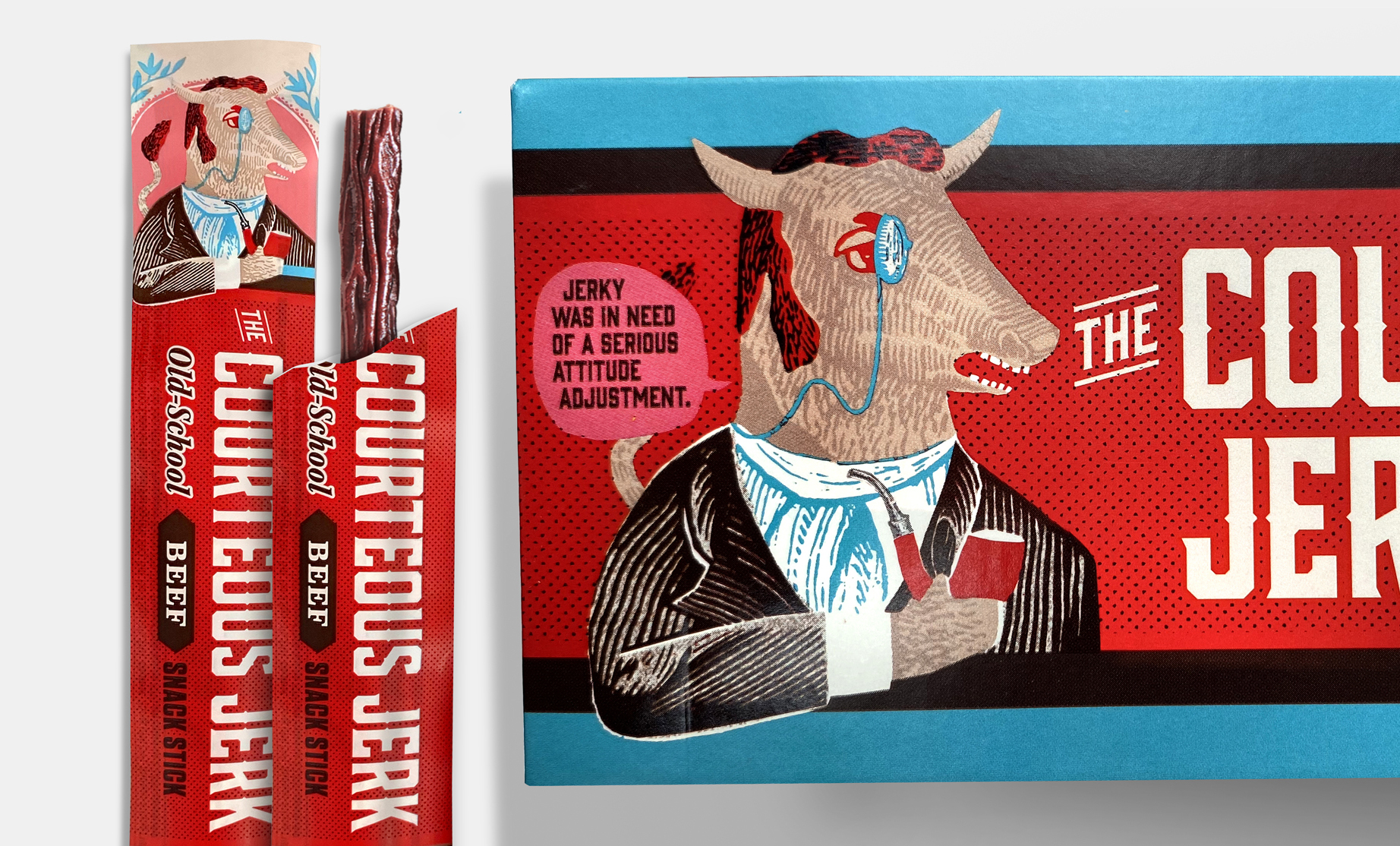 Two wrapped sticks of The Courteous Jerk Beef jerky, one slightly ripped so you can see the jerky. This is next to a photo of the side of a stick showing the monocle-wearing mascot.