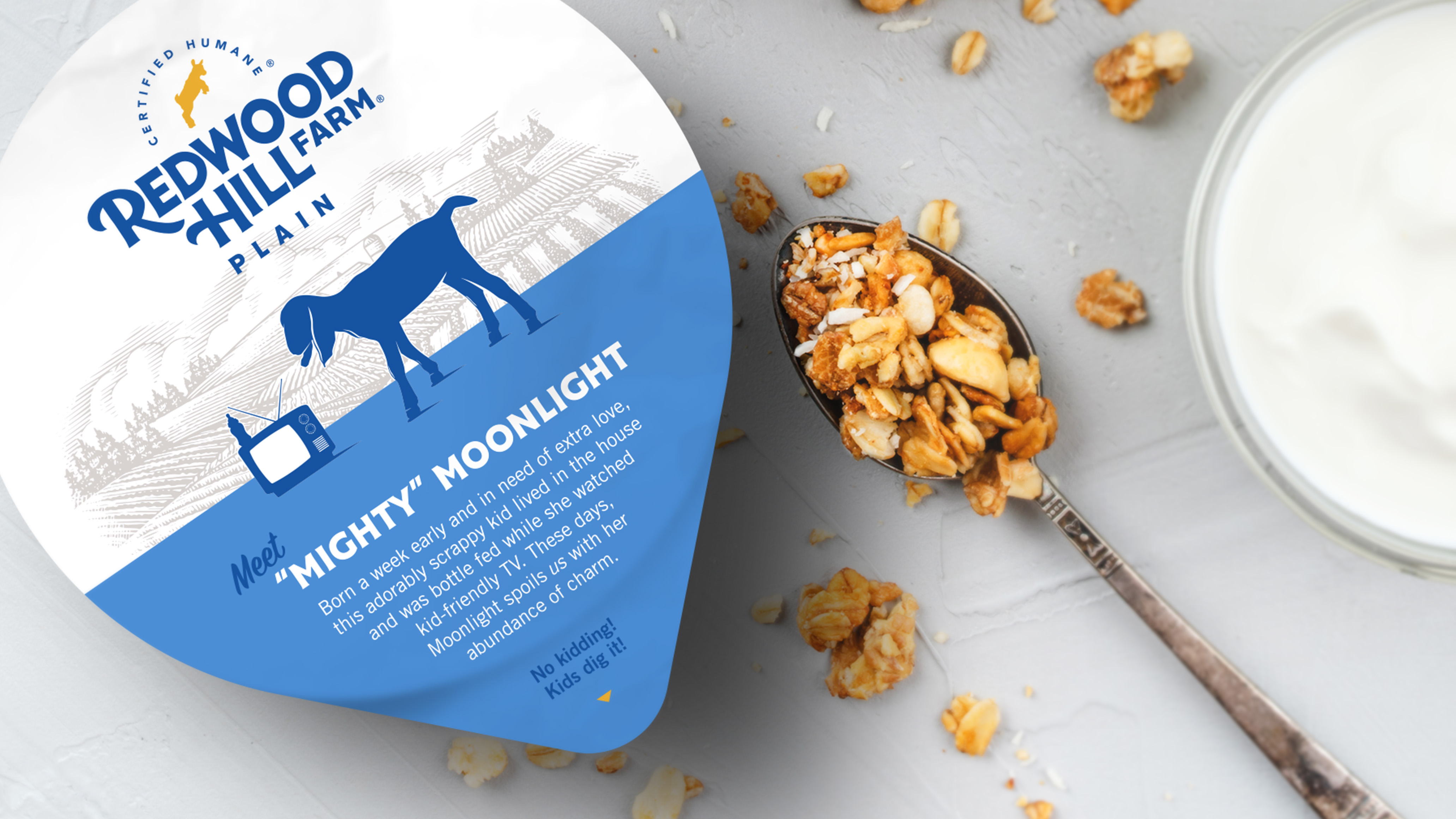 Top of Redwood Hill Farm Plain yogurt cup with bio of goat “Mighty” Moonlight. Next to that is a spoonful of granola and a cup of white yogurt.