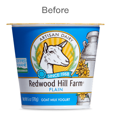 Redwood Hill Farm plain yogurt cup with old packaging.