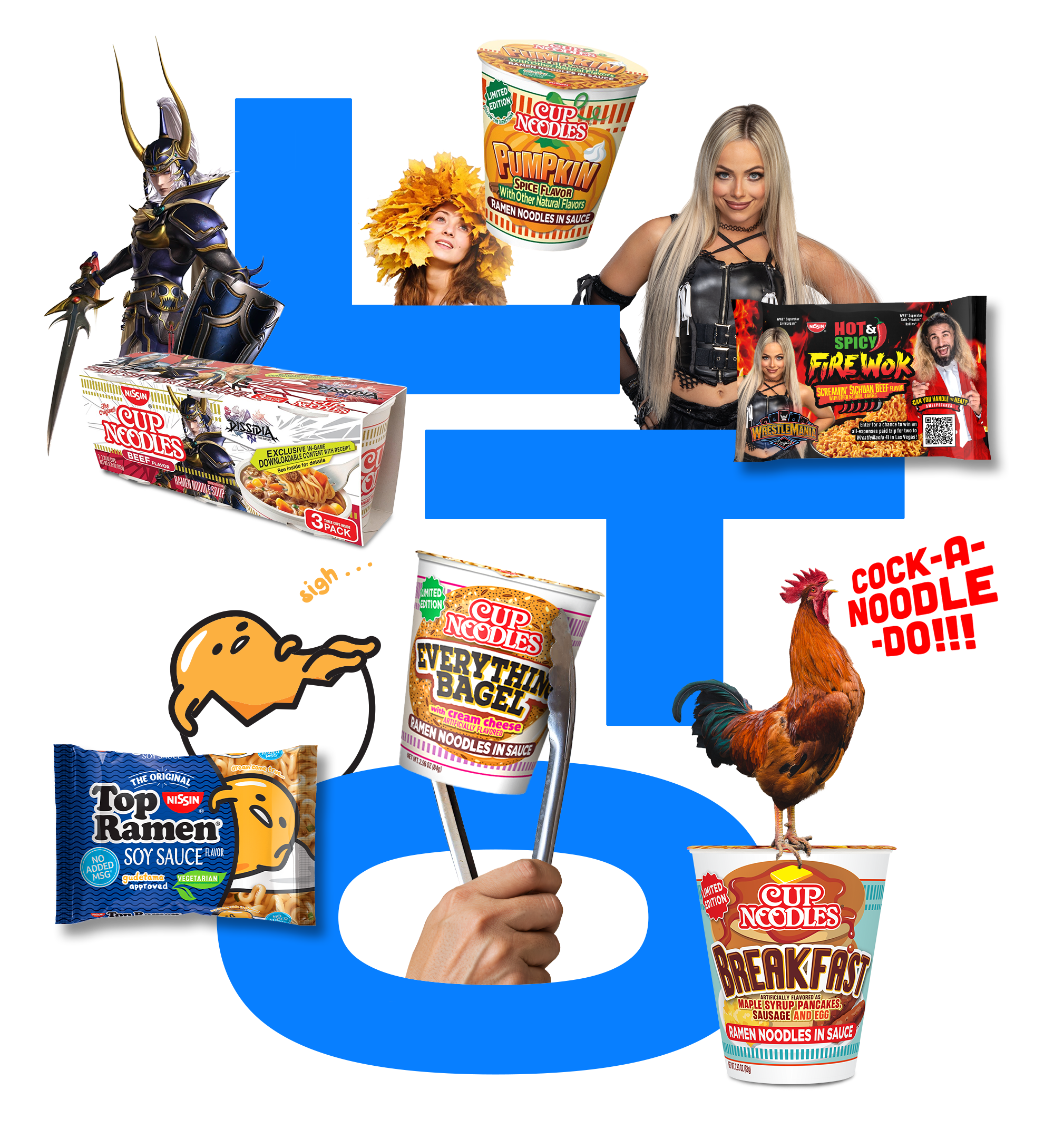 LTO written in blue letters, surrounded by images from limited-time offering projects including Cup Noodles packaging in various flavors (Pumpkin Spice, Everything Bagel), Top Ramen’s Gudetama packaging, and Fire Wok’s WWE packaging.