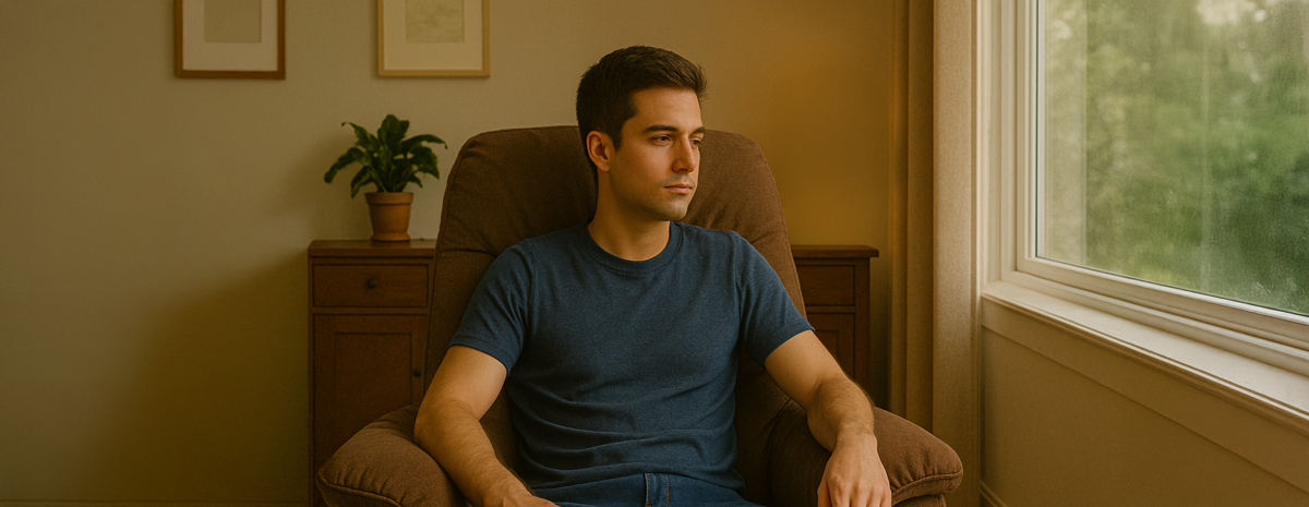 A man looks out the window with a disappointed look on his face. He just finished his first round of ketamine therapy and "felt nothing".