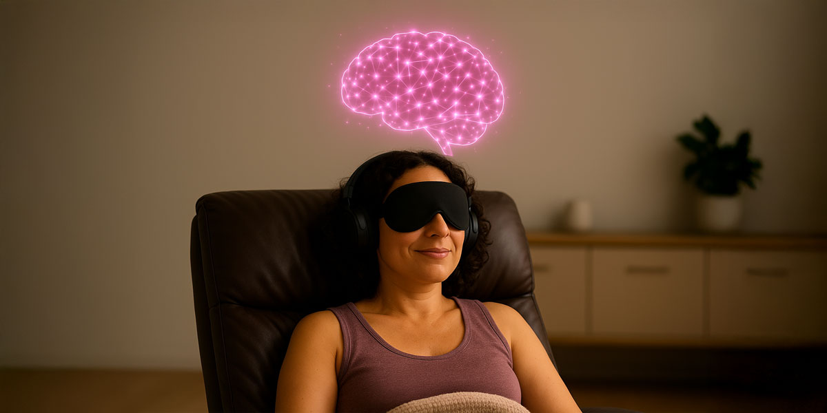 A patient is comfortable relaxing during their ketamine therapy treatment. A pink brain above their head represents the new neural pathways forming and connecting. 