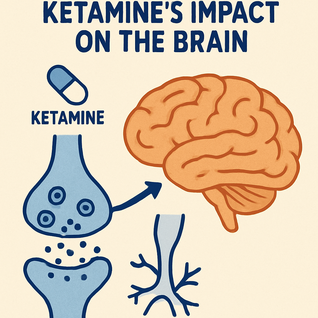Illustration showing ketamine’s impact on the brain, including neurotransmitter activity and neural connections.