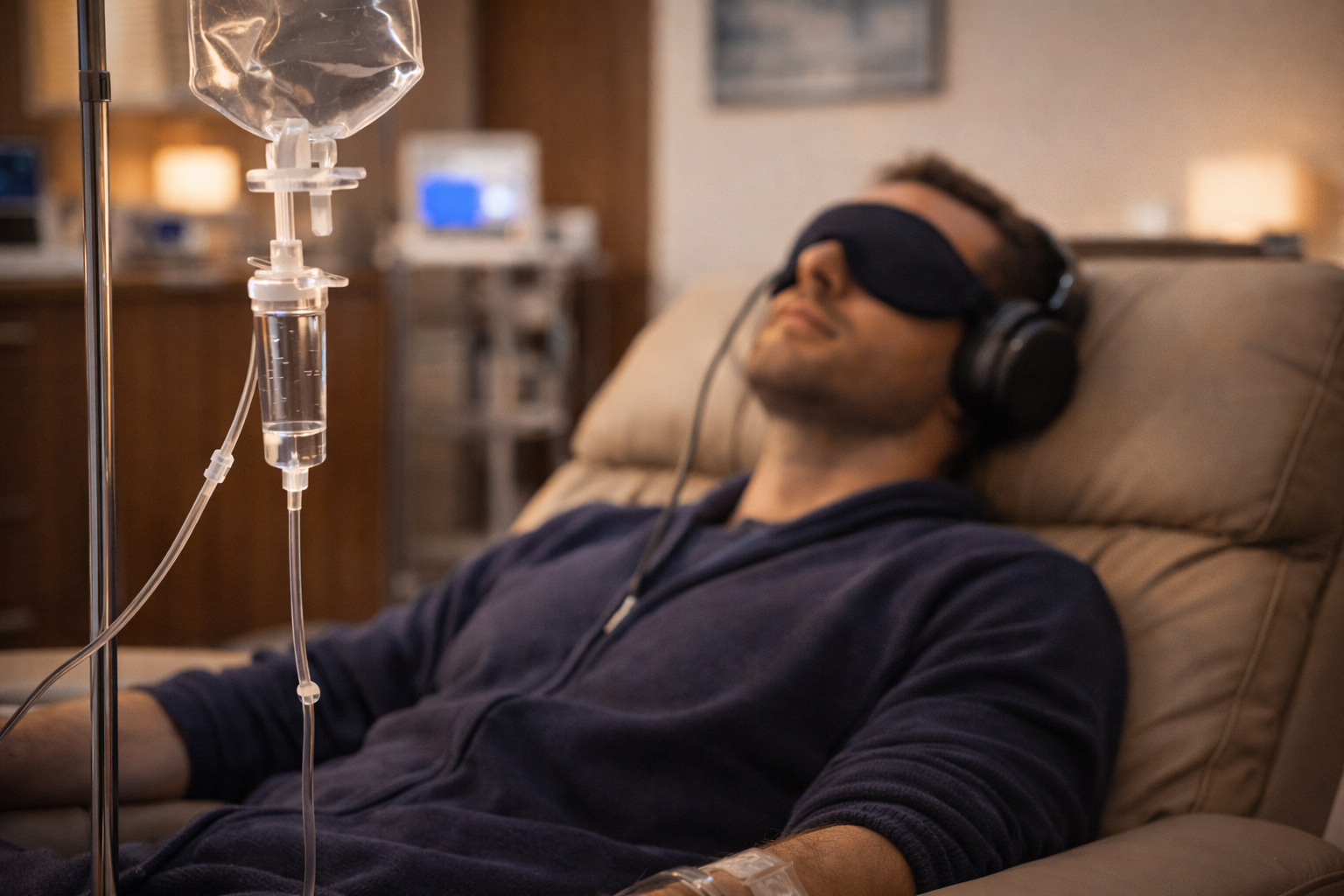A patient in a recliner with an eyemask and IV in their arm, with headphones listening to Limitless Guided Visualizations