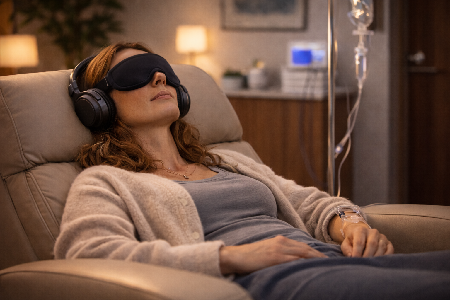 Patient undergoing ketamine infusion therapy with IV, wearing headphones and eye mask in a treatment room listening to Limitless Guided Visualizations.
