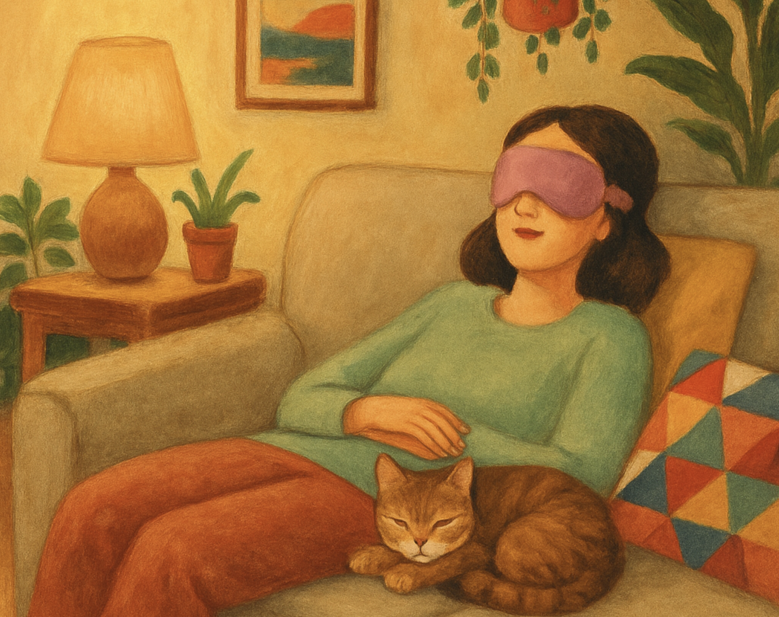Illustration of a woman relaxing on a couch with an eye mask on listening to Limitless Guided Visualizations while microdosing ketamine. She has her hands resting on her stomach, while a cat sleeps beside her in a warm, cozy room with plants and soft lighting.