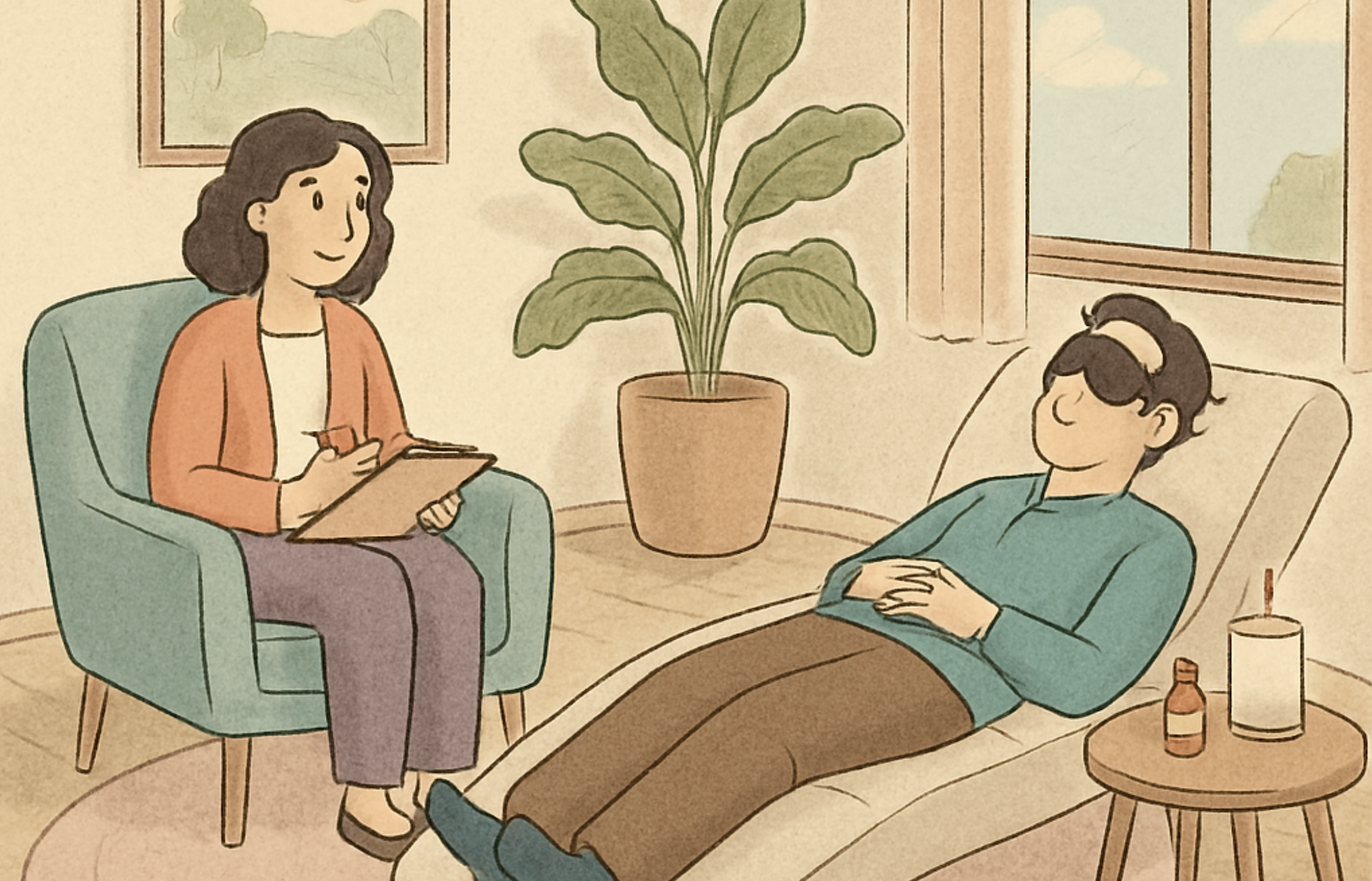 Illustration of a Ketamine assisted psychotherapy therapist sitting in a chair taking notes while a ketamine patient lies relaxed on a therapy couch in a calm, cozy room with a plant and window in the background.