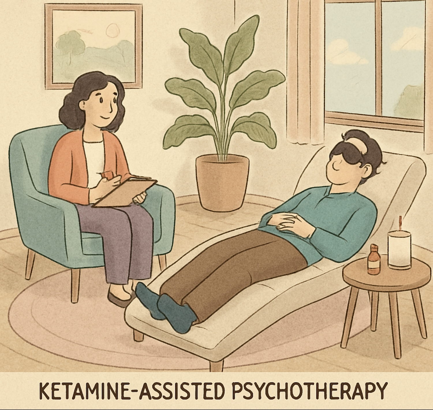 Illustration of a Ketamine assisted psychotherapy therapist sitting in a chair taking notes while a ketamine patient lies relaxed on a therapy couch in a calm, cozy room with a plant and window in the background.