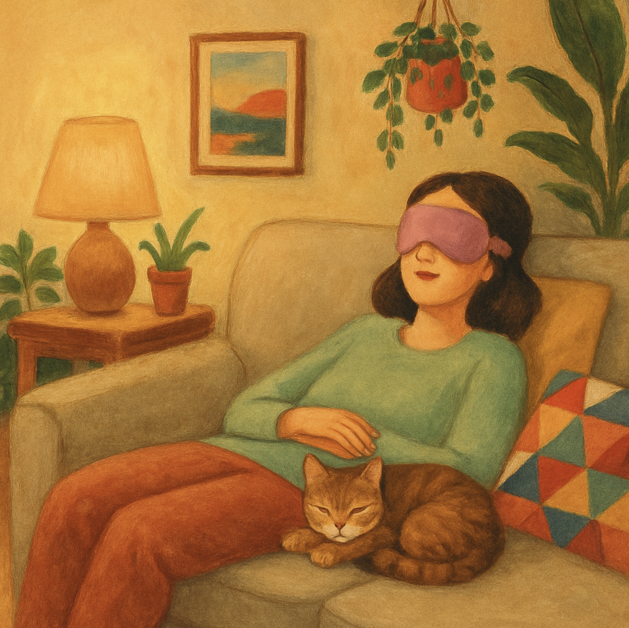 Illustration of a woman relaxing on a couch with an eye mask on listening to Limitless Guided Visualizations while microdosing ketamine. She has her hands resting on her stomach, while a cat sleeps beside her in a warm, cozy room with plants and soft lighting.