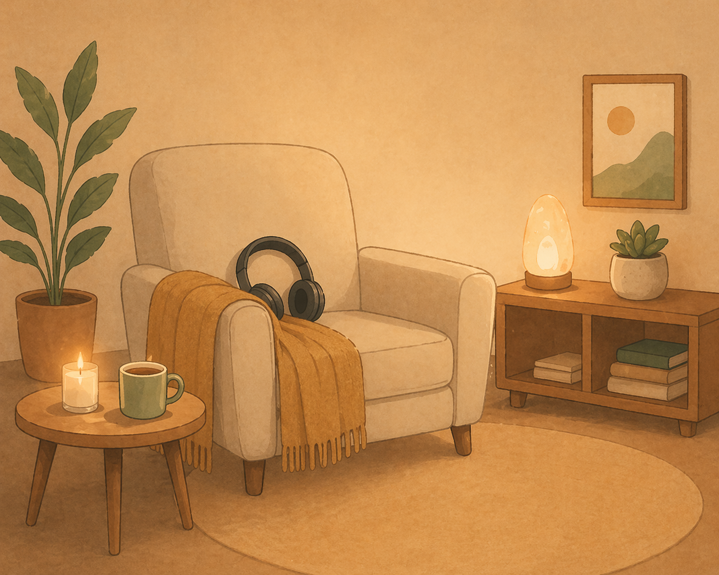 Cozy ketamine treatment room with an armchair draped in an orange blanket and headphones, beside a small table with a candle and mug. A soft lamp, plants, and books add warmth.