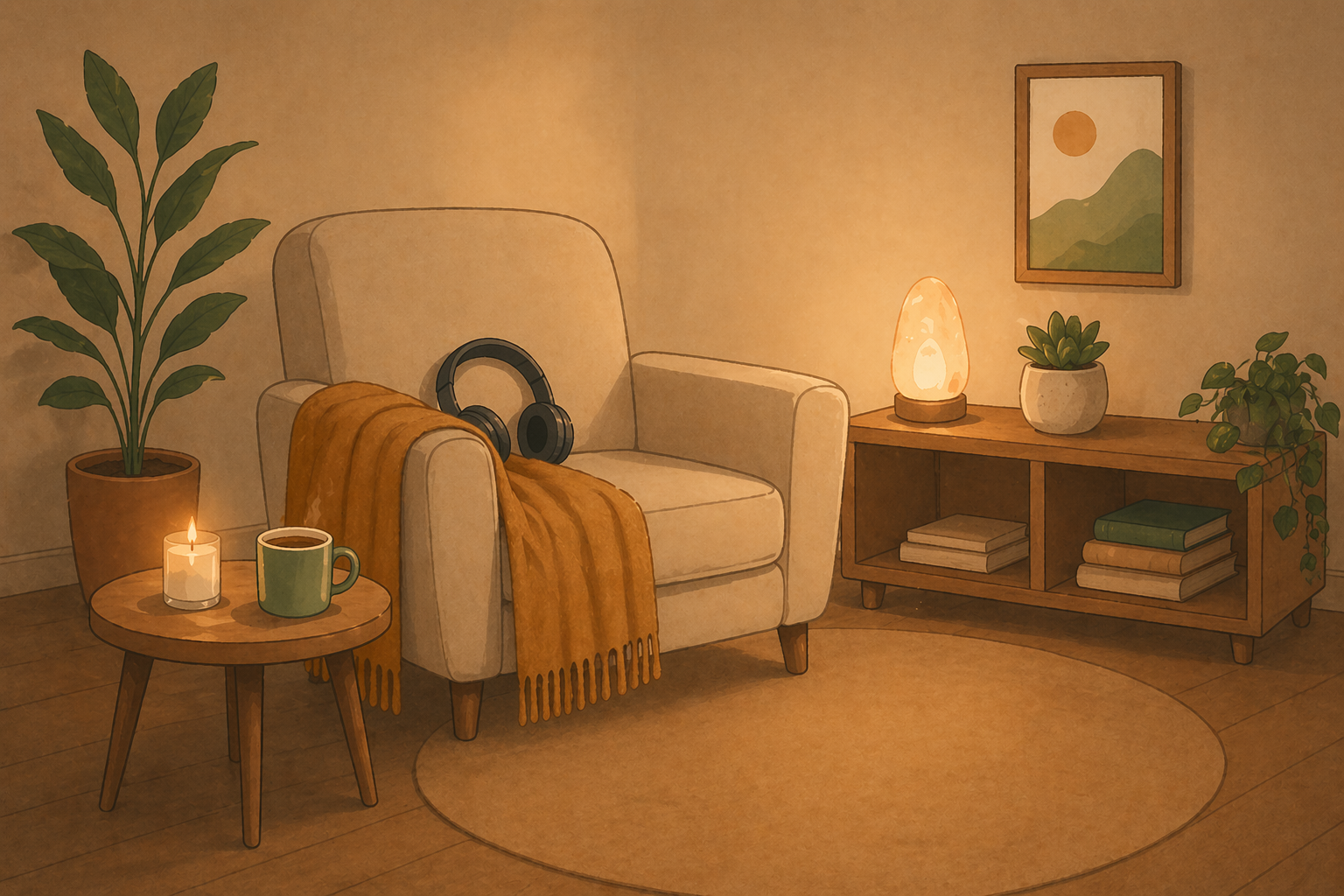 Cozy ketamine treatment room with an armchair draped in an orange blanket and headphones, beside a small table with a candle and mug. A soft lamp, plants, and books add warmth.