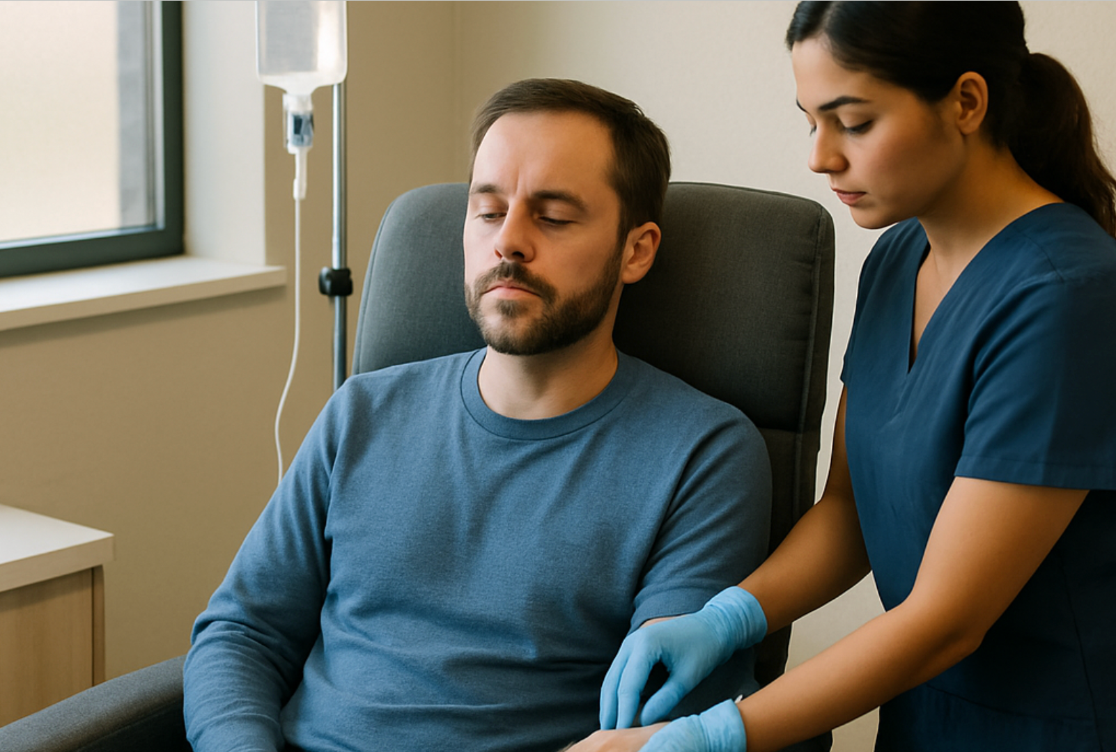 Patient receiving intravenous ketamine in a clinic