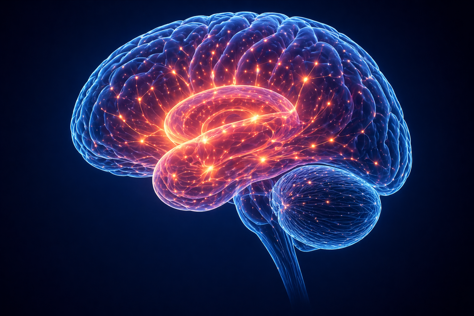 Close-up illustration of a human brain with glowing neural pathways and bright connections, highlighting active signaling regions against a dark background.
